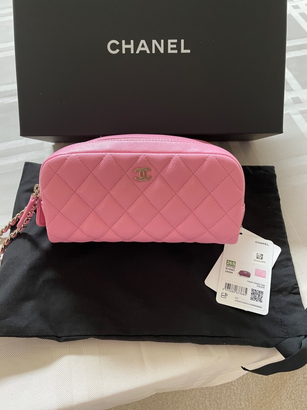 NWT CHANEL Pink Quilted Leather Zip Cosmetic Case with CC Logo and Chain